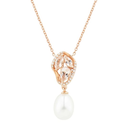 14KT Rose Gold Diamond, Morganite and Fresh Water Pearl Drop Necklace