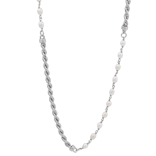 Sterling Silver White Fresh Water Pearl with Rope Chain Necklace
