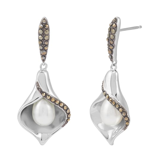 Sterling Silver White Fresh Water Pearl and Marcasite Swiss Earrings