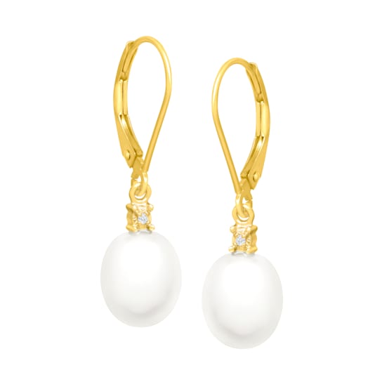 10K Yellow Gold Diamond and White Freshwater Pearl Earrings