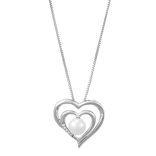 Sterling Silver Fresh Water Pearl and Created White Sapphire Heart
Pendant with 18" Box Chain