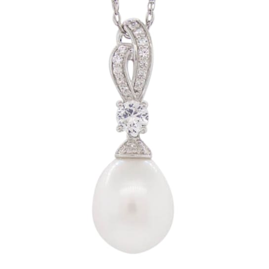 Sterling Silver Fresh Water Pearl and White Cubic Zirconia Pendant with
18" Cable Chain