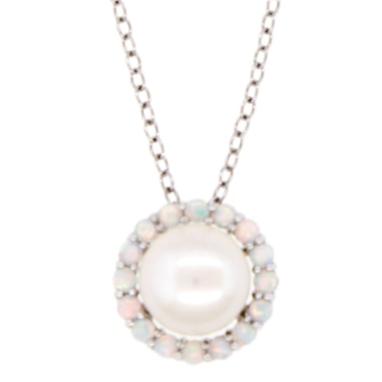 Sterling Silver White Button Freshwater Pearl and Created Opal Pendant
with 18" Cable Chain