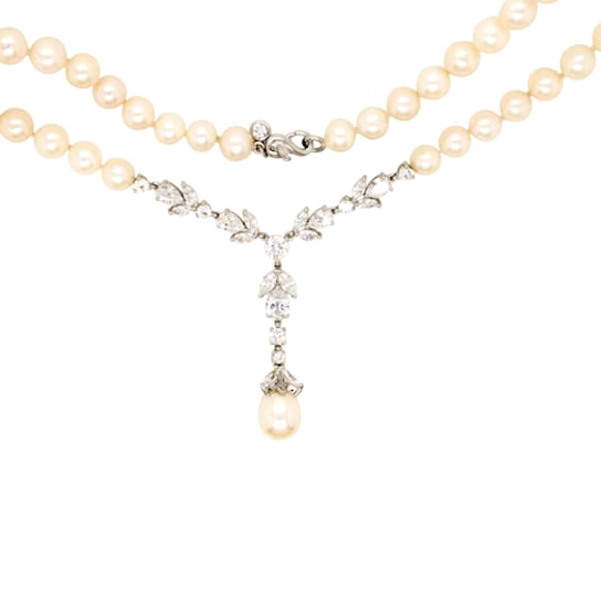 Sterling Silver Fresh Water Pearl and Created White Sapphire Necklace
