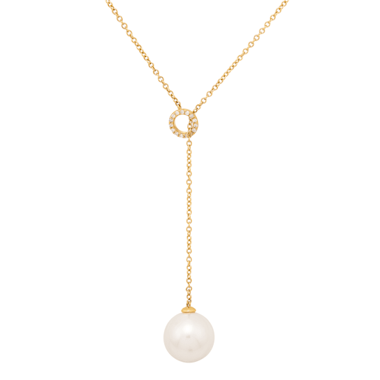14K Yellow Gold 1/10cttw Diamond and Ming Pearl Lariat Necklace