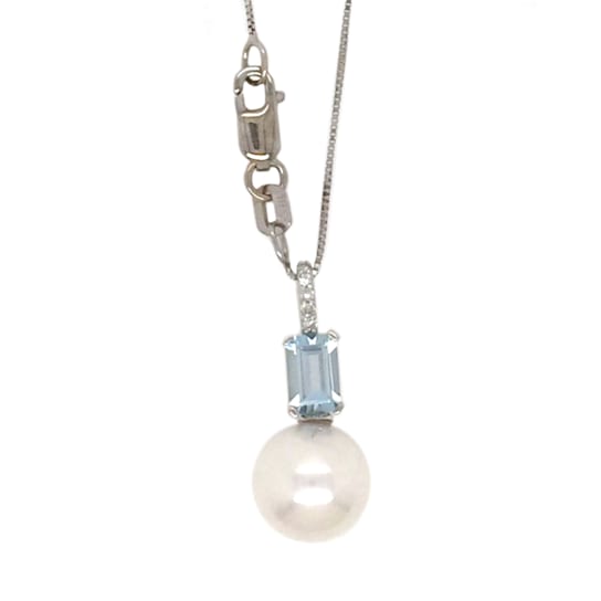 14K White Gold Diamond, Aquamarine and Fresh Water Pearl Pendant with
18" Box Chain