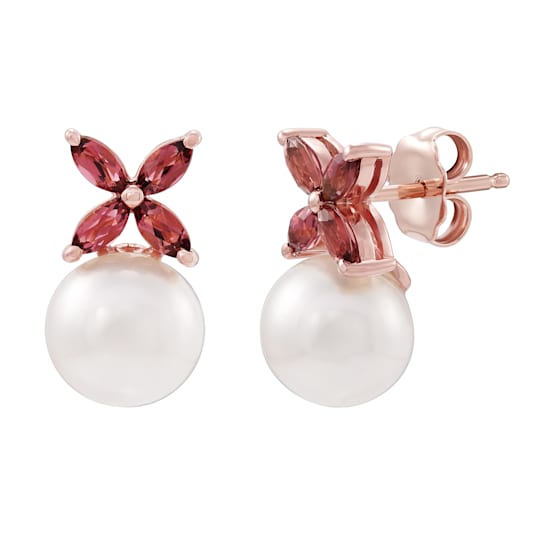 14KT Rose Gold Pink Tourmaline and White Fresh Water Pearl Earrings