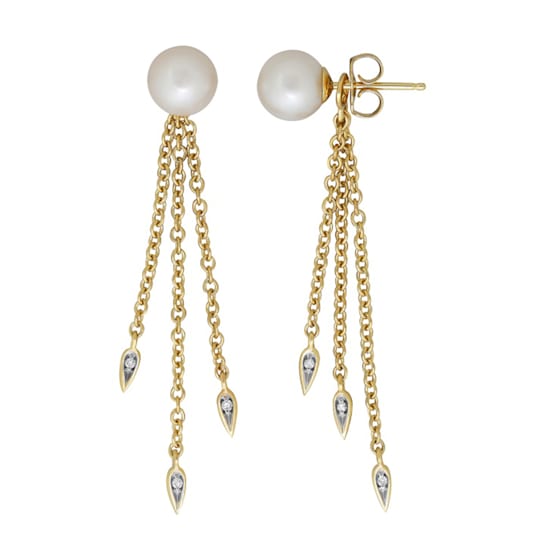 14K Yellow Gold Fresh Water Pearl and Diamond Earrings
