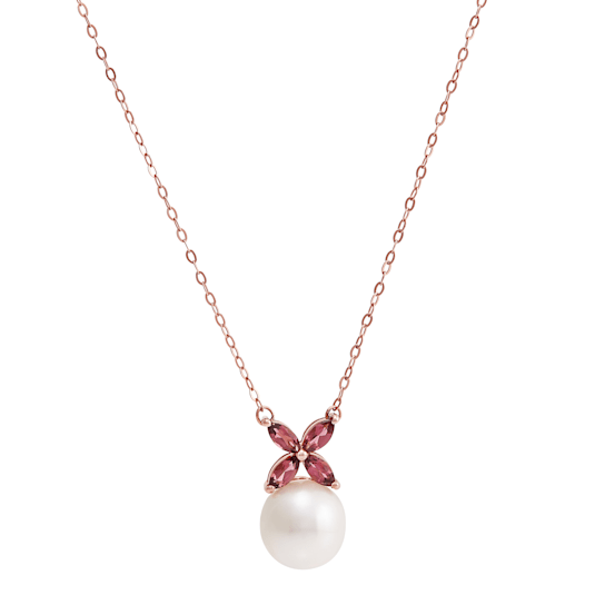 14K Pink Gold Pink Tourmaline and White Freshwater Pearl Necklace