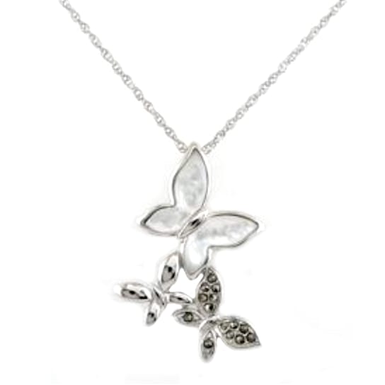 Sterling Silver White MOP and Marcasite Swiss Butterfly Pendant with
18" Rope Chain