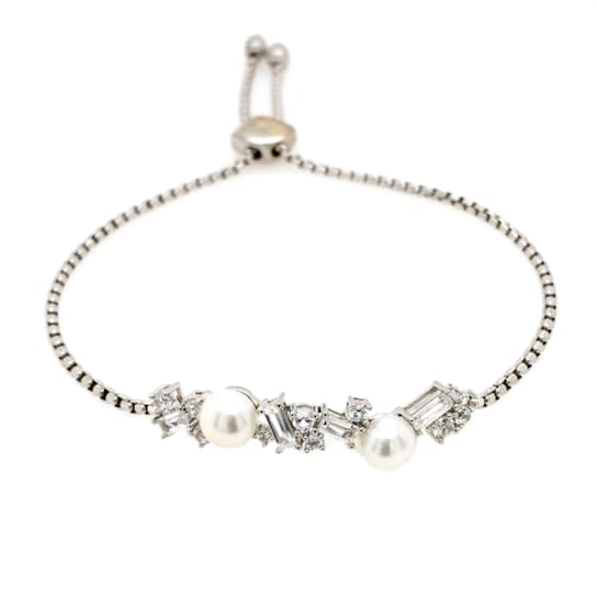 Sterling Silver Freshwater Pearl and Created White Sapphire Bolo Bracelet