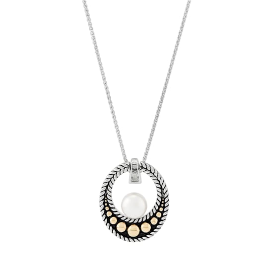 Sterling Silver and 14K Yellow Gold White Button Freshwater Pearl
Pendant with 24" Spike Chain