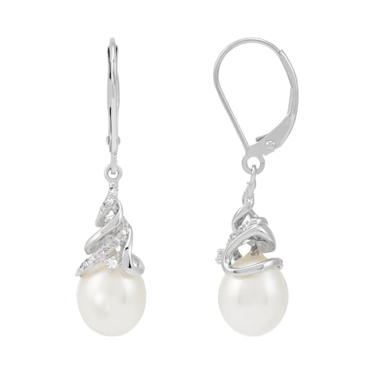 14KT White Gold Diamond and Fresh Water Pearl Drop Earrings