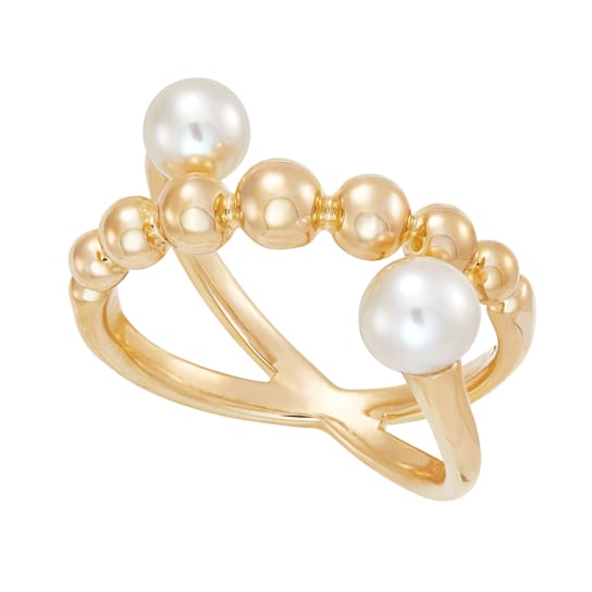 10K Yellow Gold Diamond and White Freshwater Pearl Bypass Ring