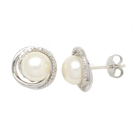 Sterling Silver Diamond and White Fresh Water Pearl Earrings