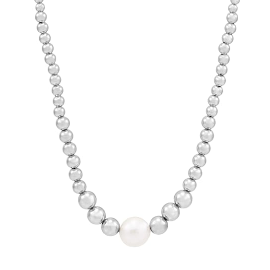 Sterling Silver White Round Fresh Water Pearl on Grad Bead Chain Necklace