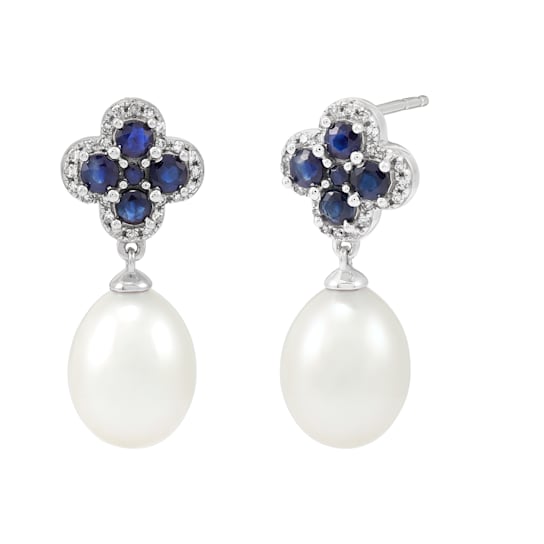 10K White Gold Diamond,Fresh Water Pearl and Sapphire Earrings