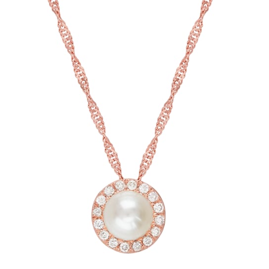 10K Rose Gold Round White Pearl and Diamond Pendant