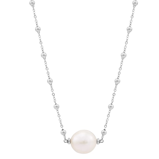 Sterling Silver White Round Fresh Water Pearl on Bead Chain Necklace