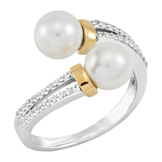 Sterling Silver and 10K Yellow Gold White Freshwater Pearl and White
Topaz Ring