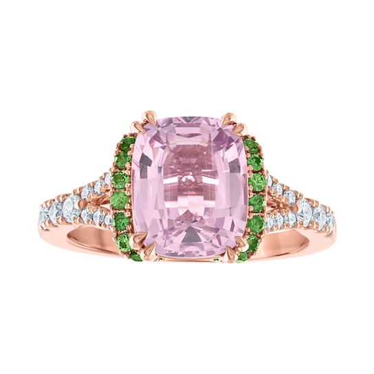 18KP 1/4 CTW Diamond Engagement Ring With 3 CTW Center Cushion Spinel
& 1 1/3 CTW Round Garnet