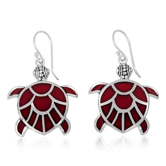 Balinese Artisan 925 Sterling Silver Turtle Shape Earring with Red Coral