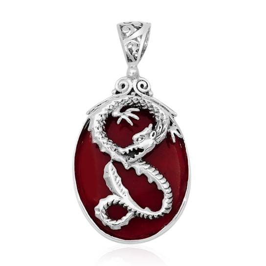 Balinese Artisan 925 Dragon Sterling Silver Pendant with Red Coral