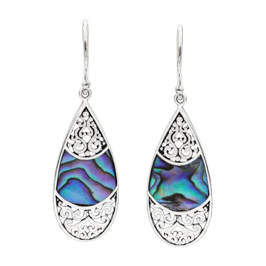 Artisan Balinese Sterling Silver Drop Abalone Earrings