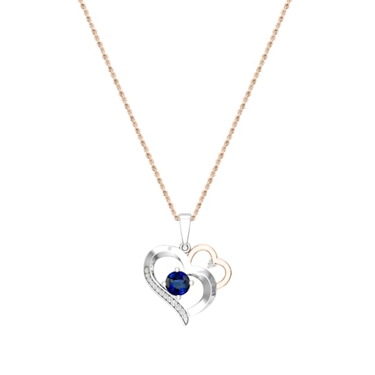 Dazzlingrock Collection Lab Blue Sapphire and Diamond Double Heart
Pendant with Chain in 18K Gold