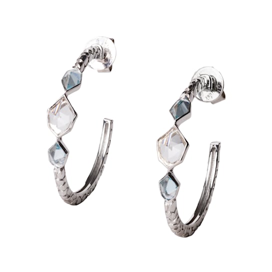 Rhodium over Sterling Silver Sky Blue Topaz and Crystal J-Hoop Earrings