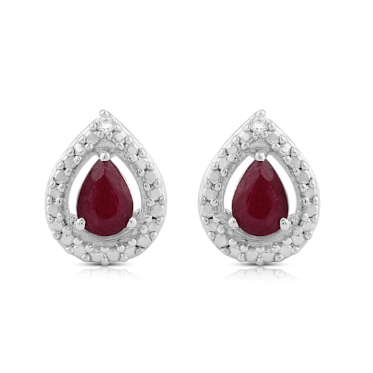Jewelili Sterling Silver 4X3mm Pear Ruby and Round Diamond Teardrop Stud Earrings