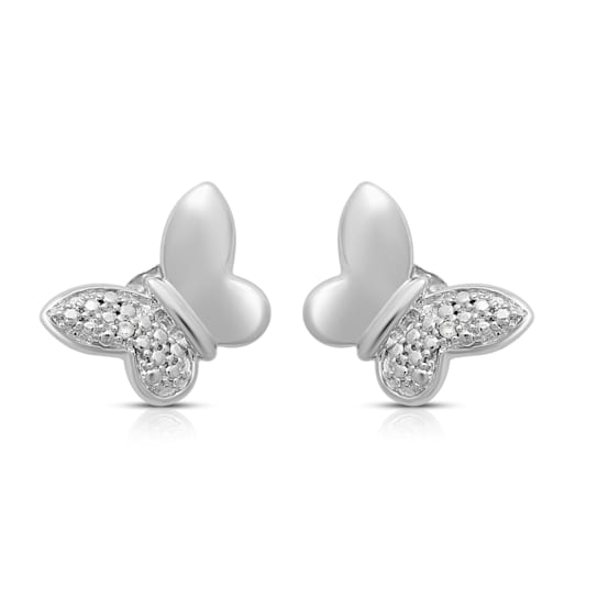 White Diamond Sterling Silver Butterfly Stud Earrings