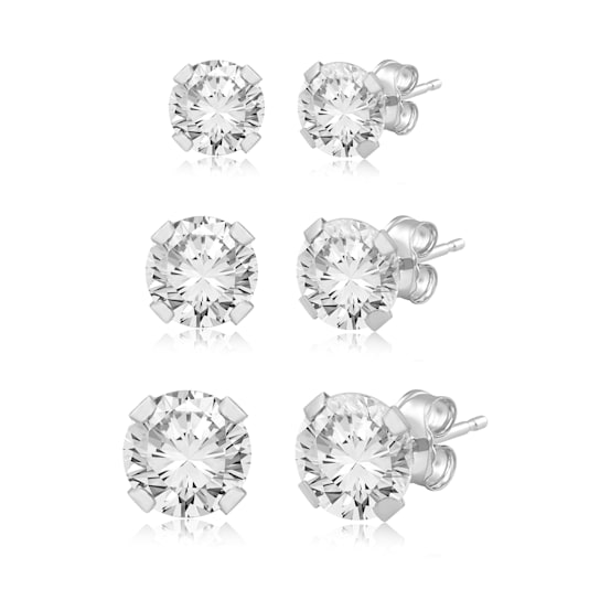 Jewelili 3 Pair Box Set Stud Earrings with White Round Cubic Zirconia in
10K White Gold