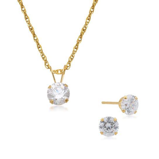 Jewelili 10K Yellow Gold White Cubic Zirconia Pendant With Chain And
Earrings Box Set