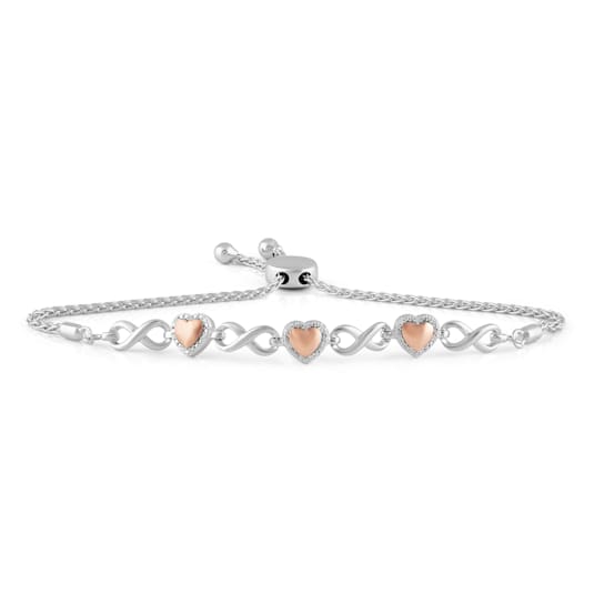 White Diamond Sterling Silver and 10K Rose Gold Infinity and Heart Shape
Bolo Bracelet