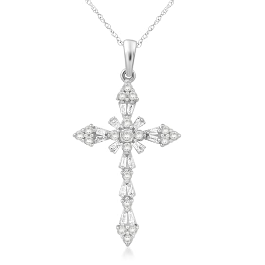 Jewelili 10K White Gold 1/2ctw White Round and Baguette Diamond Cross
Pendant with Rope Chain