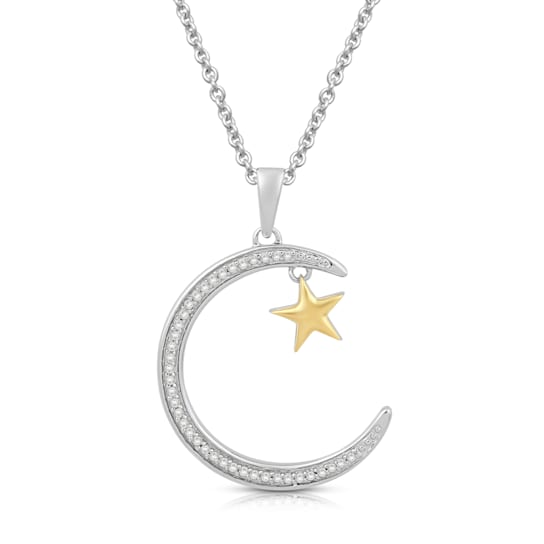 Jewelili 10K Yellow Gold and Sterling Silver 1/10 Ctw Diamond Moon and
Star Pendant, 18" Rolo Chain