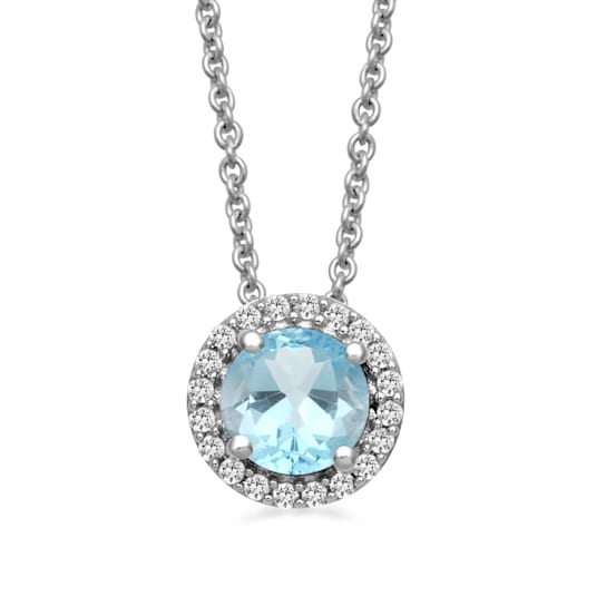 Jewelili Sterling Silver Aquamarine and Created White Sapphire Pendant
with Rolo Chain