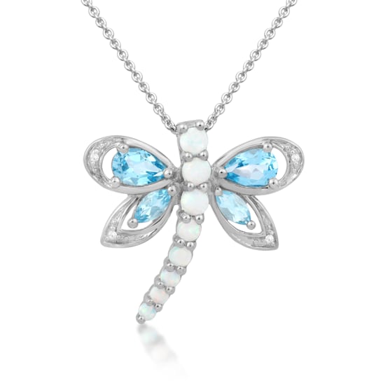 Jewelili Blue Topaz and Created Opal Sterling Silver Dragonfly Pendant