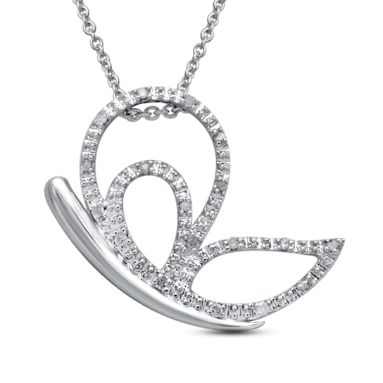 Jewelili Sterling Silver White Round Diamond Butterfly Pendant with Rolo Chain