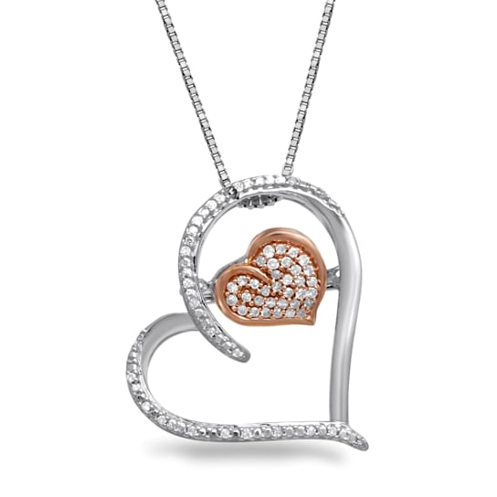 10K Rose Gold and Sterling Silver Two Tone 1/10 Ctw White Diamond Tilted
Heart Pendant