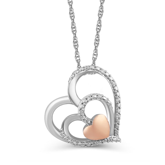 Jewelili Sterling Silver and 10K Rose Gold White Diamond Tilted Heart
Pendant, 18" Rope Chain