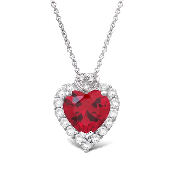 Jewelili Ruby with Created White Sapphire and White Diamond Pendant with
Rolo Chain