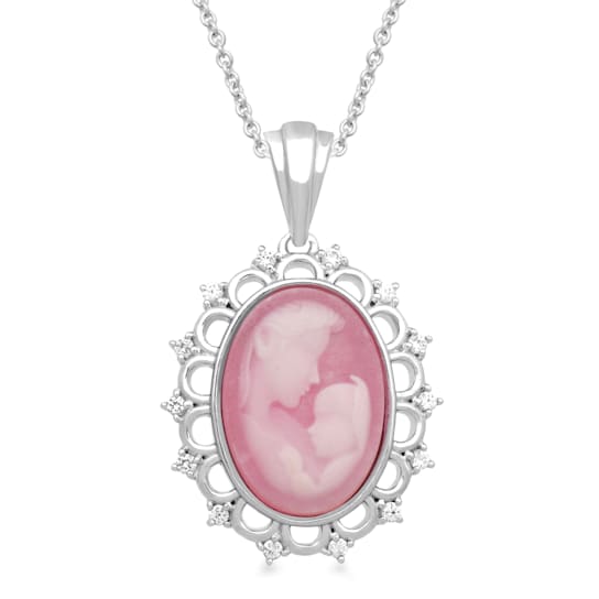 Jewelili Sterling Silver Pink Cameo with Created White Sapphire Mother
and Child Pendant