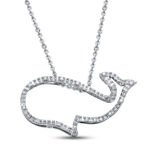 Jewelili Sterling Silver White Round Diamond Whale Pendant with Rolo Chain