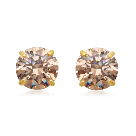 10K Yellow  Gold 6 MM Round Champagne Cubic Zirconia Solitaire Stud Earrings