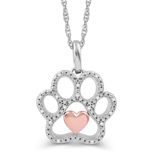 Jewelili Sterling Silver and 10K Rose Gold White Diamond Paw Heart
Pendant, 18" Rope Chain