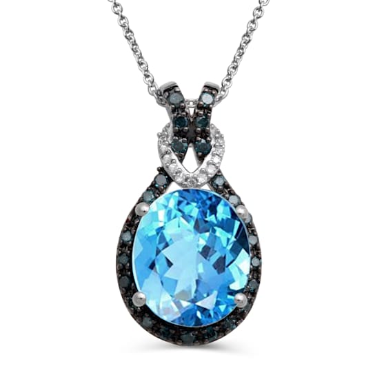 Jewelili Sterling Silver Swiss Blue Topaz, Blue and White Diamond Knot
Pendant with Rolo Chain