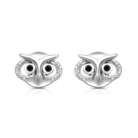 White and Black Diamond Sterling Silver Owl Stud Earrings