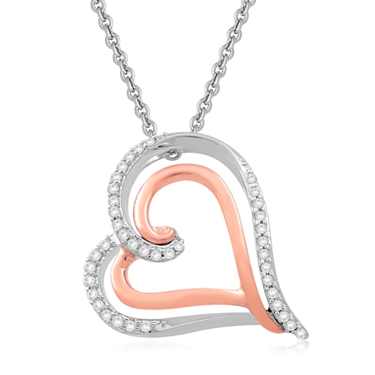 Jewelili 10K Rose Gold and Sterling Silver 1/10 Ctw White Diamond Heart
Pendant, 18" Rolo Chain